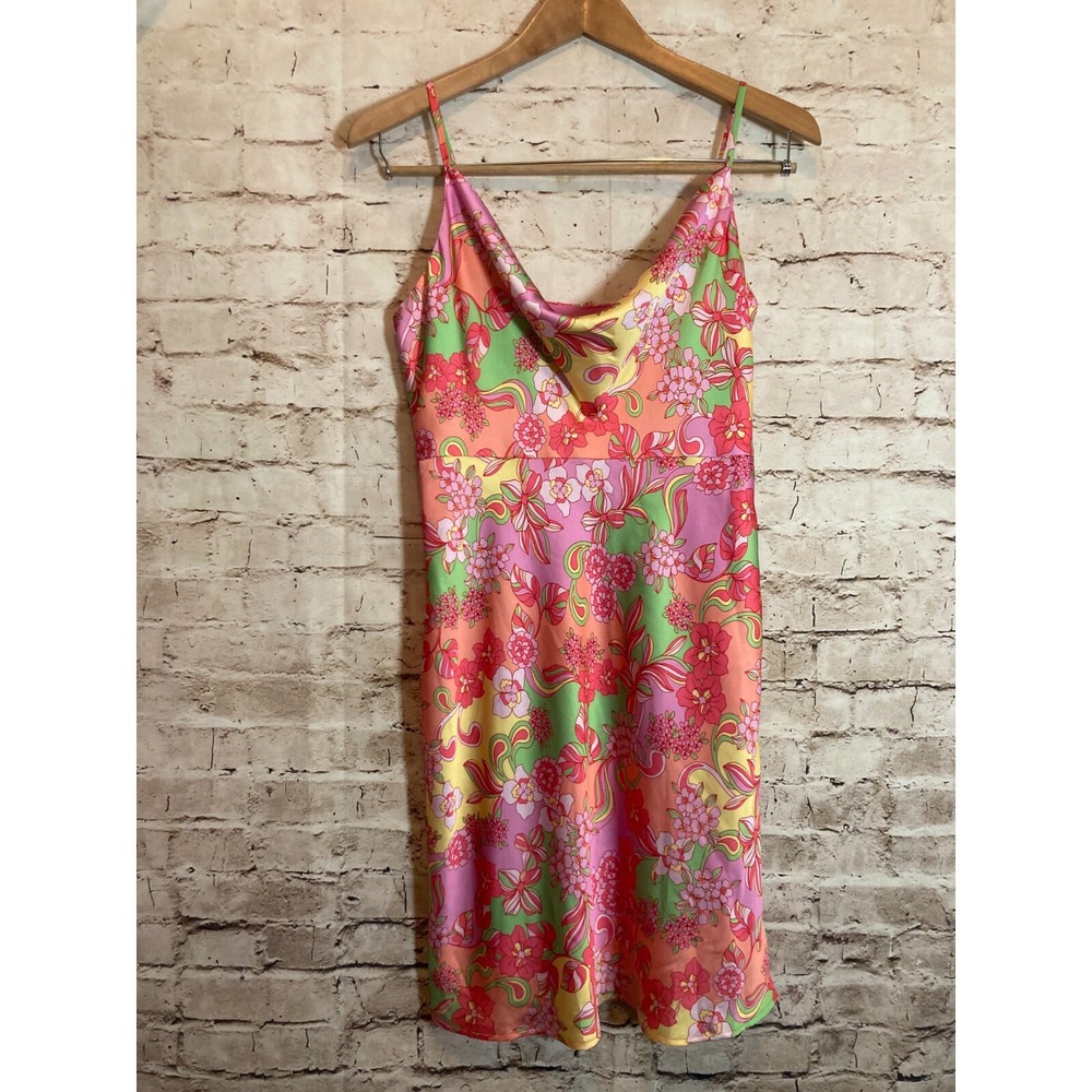 Adelyn Rae Pink Retro Floral Satin Cowl Neck Slip Mini Dress Medium F225D5055